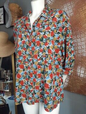 Vintage 1980s Relaxed Fit Multicolor Print Women's Shirt - Rust, Blue & Mustard